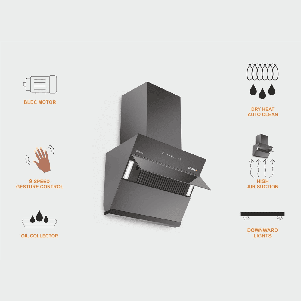 Sujata Diamond, 90 cm 1650 m3/hr Autoclean Kitchen Chimney with Filterless technology (Black)