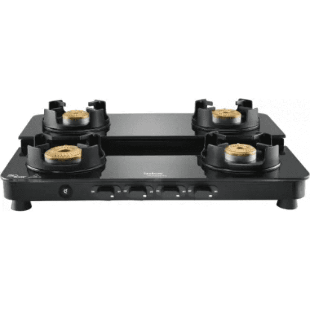 Hindware Cooktop, ALVERIO DPLX 4B4 Burner 63 cm Glass Top Stainless Steel Burners 4 Medium Gas Stove (Black)