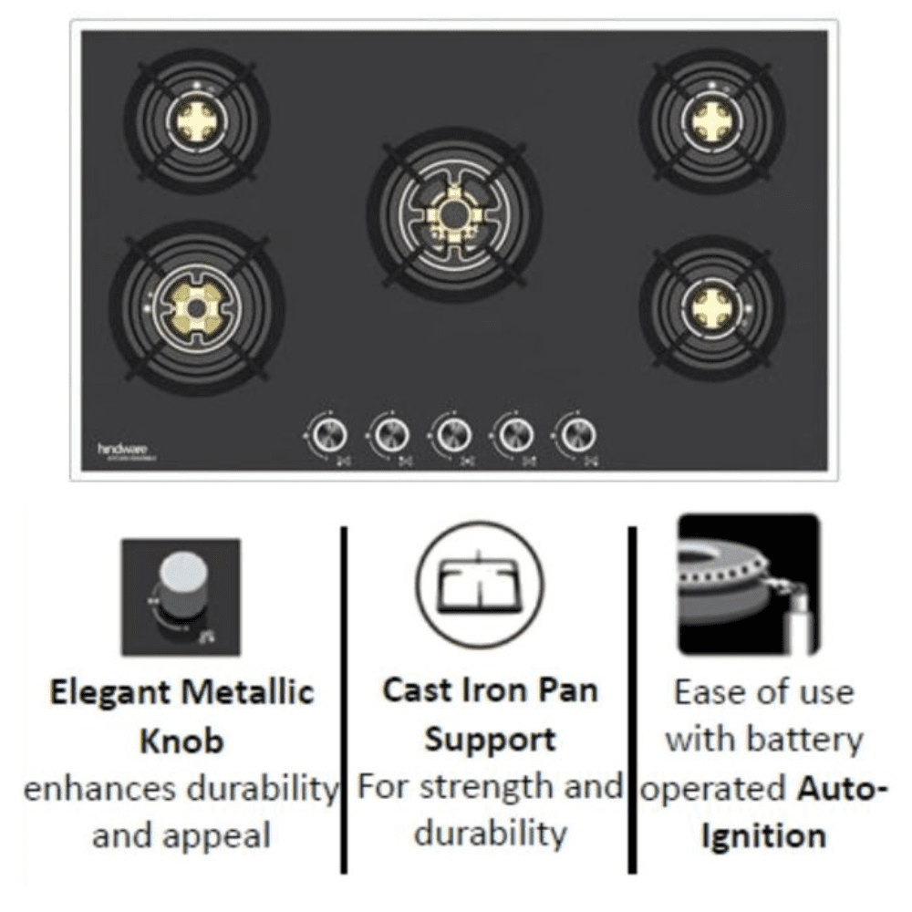 Hindware Hob, CAMELIA 5B 86 CM, 5 Burner 86 cm Auto Ignition Glass Top Brass Burner 1 Medium +1 High Flame + 3 Small Gas Stove (Black)
