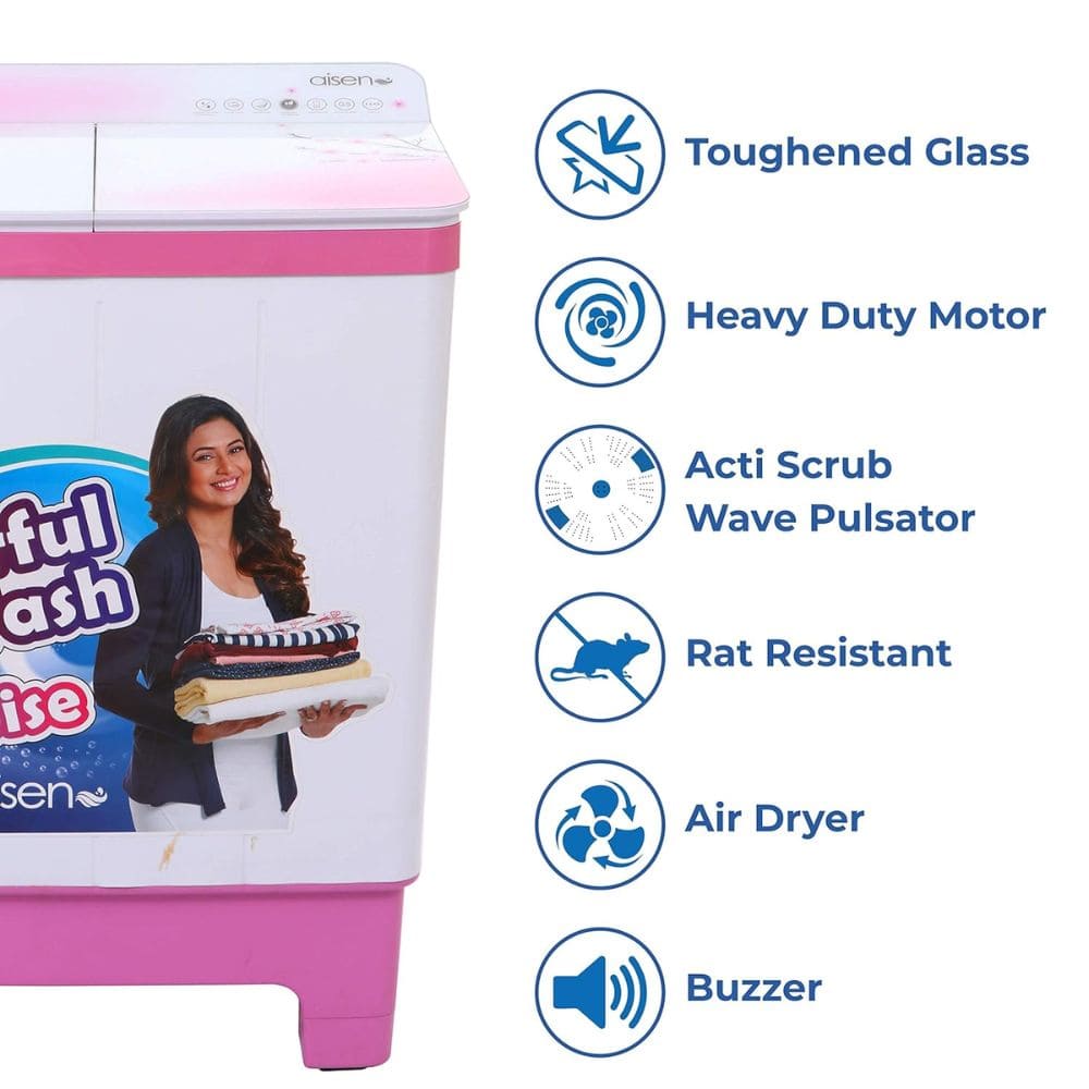 Aisen 8.5 Kg 5 Star Semi-Automatic Top Load Washing machine (A85SWT805,White & Pink)