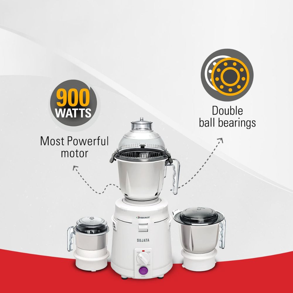 Sujata 900 Watts Stainless Steel, Mixer Grinder, 3 Versatile Jars (MG DYNAMIX, White)