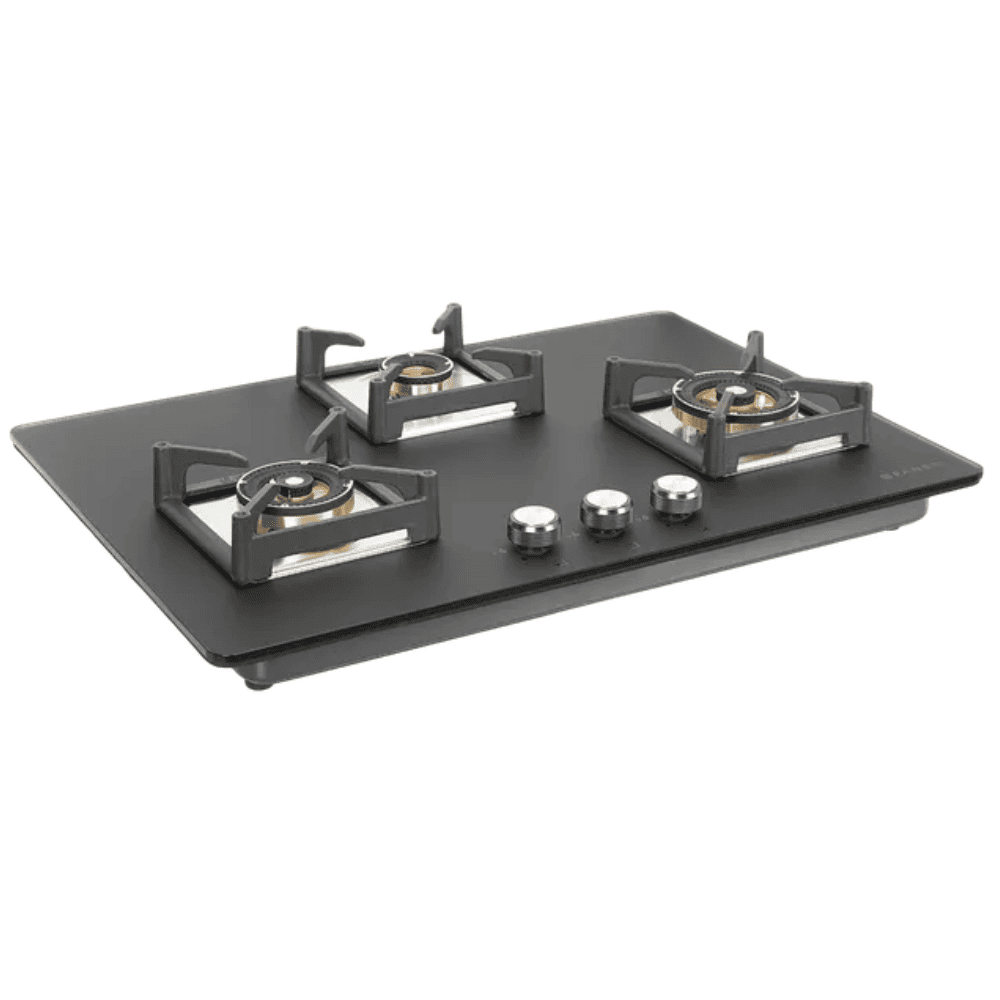 Faber Hob BELLA HT753 BR AI, 3 burner 75 cm Auto Ignition Glass Top Full Brass Burners 2 Medium + 1 Small with Flame Failure Device (Black)