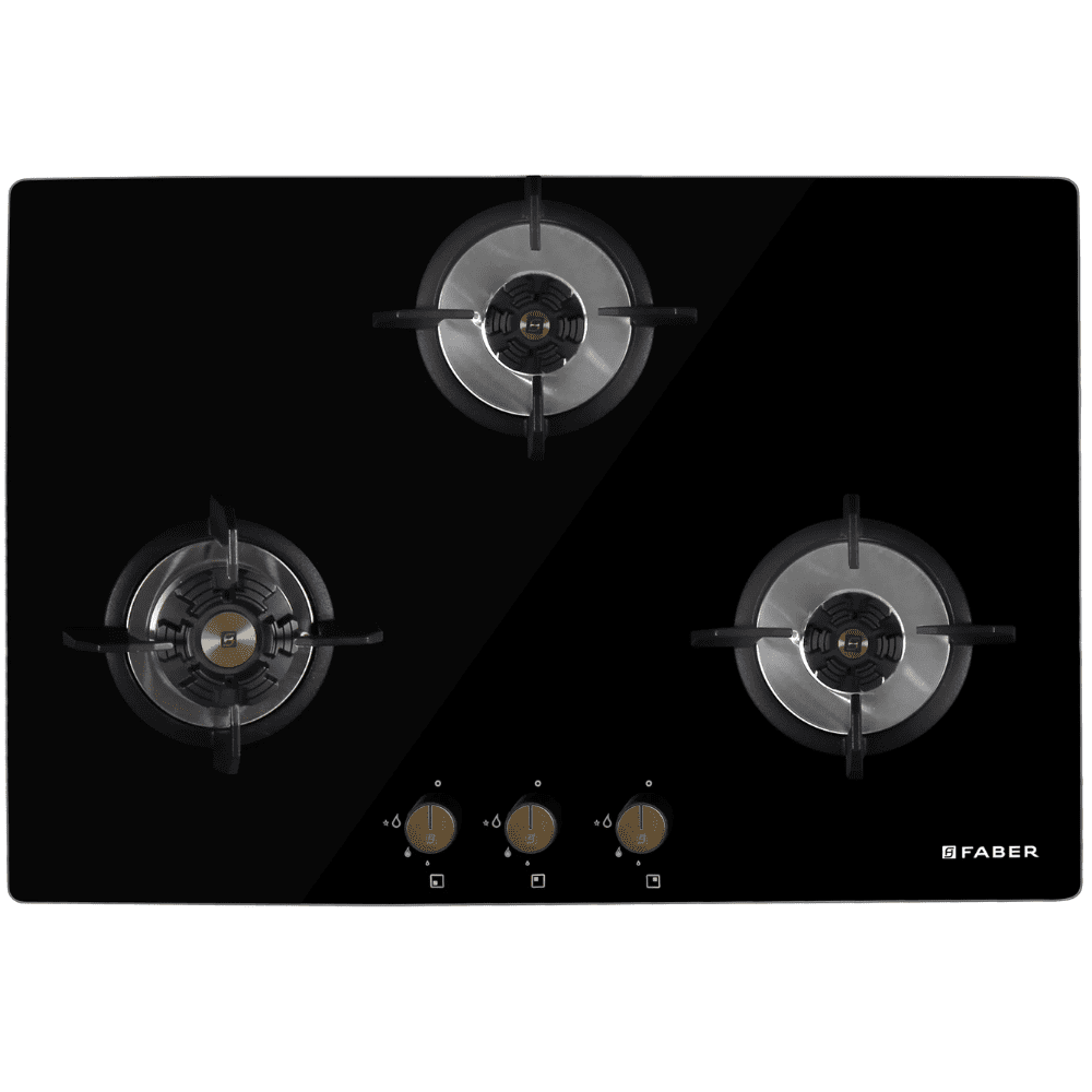 Faber Hob Maxus HT783 CRS BR CI AI, 3 Burner 78 cm Auto Electric Ignition Glass Top Brass Burners 3 Medium Gas Stove (Black)