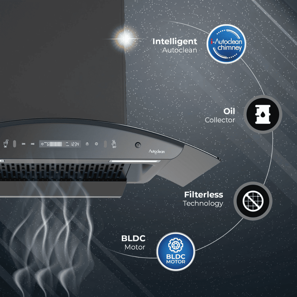 Sujata Topaz, 60 cm 1250 m3/hr Autoclean Kitchen Chimney with Filterless technology (Black)