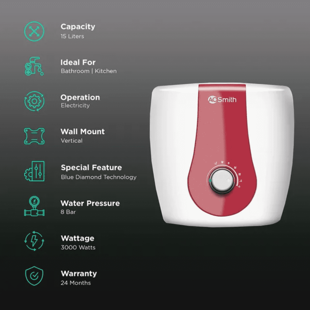 AO Smith 15 Ltrs Vertical Storage Wall Mounting Water Heater Geyser (X-PRESS15L, White)