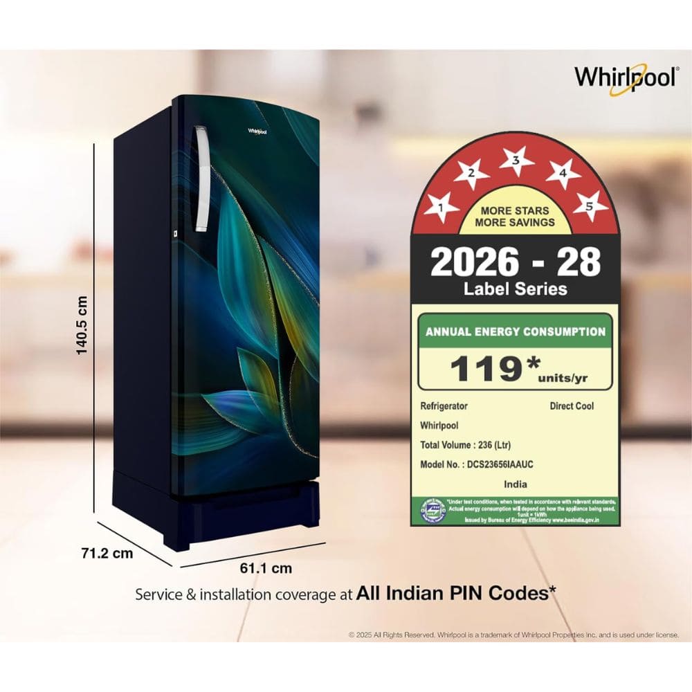 Whirlpool 236 Ltrs, 5 Star Frost Free Inverter Direct Cool Single Door Refrigerator (260 IMPRO PLUS ROY 5S INV BLUE BREEZE Y, Blue)