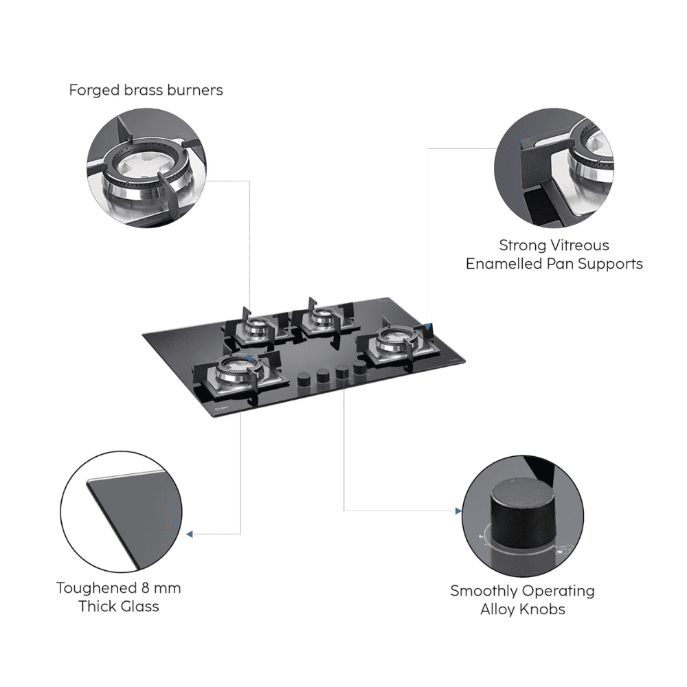 Glen Hob, 1074 SQ FB BL AI, 4 burner 74 cm Auto Ignition Glass Double Ring Forged Burners 2 Medium + 1 Small +1 High Flame Gas Stove (Black)