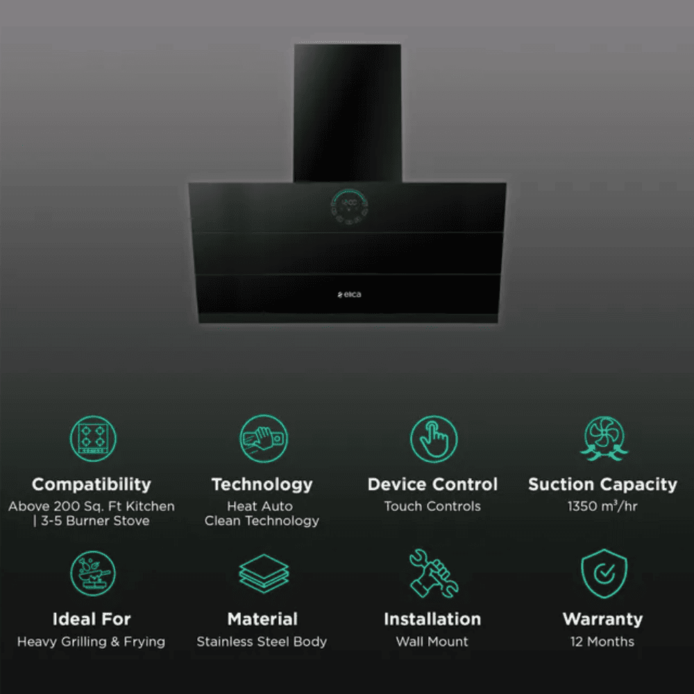 Elica EFL-S108 HAC 90 LTW VMS, 90 cm 1425 m3/hr Heat Auto Clean Vertical Glass Kitchen Chimney (Black)