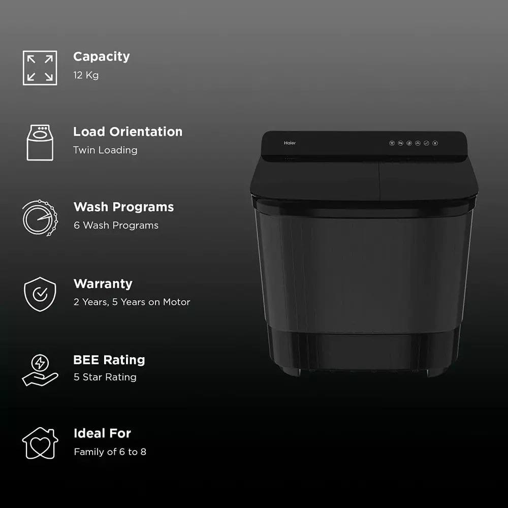 Haier 12 Kg 5 Star Semi-Automatic Top Load Washing Machine (HTW120-178BK,Black)