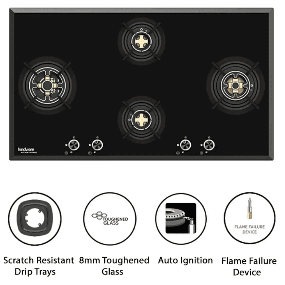 Hindware Hob, VALERIA 4B 90, 4 burner 90 cm Auto Ignition Glass Top Full Brass Burners 1 Medium + 2 Small + 1 High Gas Stove (Black)