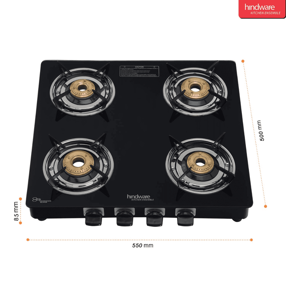 Hindware Cooktop, BRIO+ 4 B, 4 Burner 65 cm Manual Glass Top Stainless Steel Burners 3 Medium + 1 small Gas Stove (Grey)