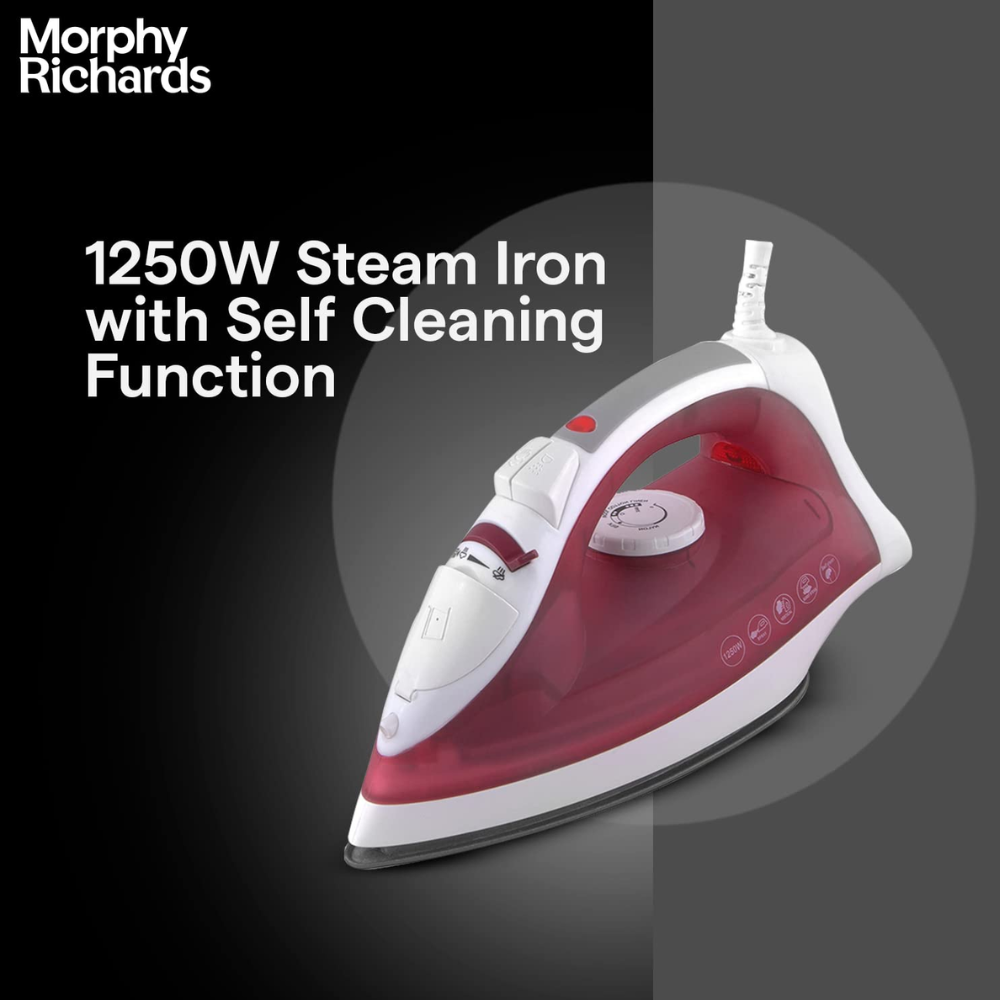 Morphy Richards Plastic Glide, 1250 Watts Steam Iron with Steam Burst, Non-Stick Coated Soleplate (White & Red)