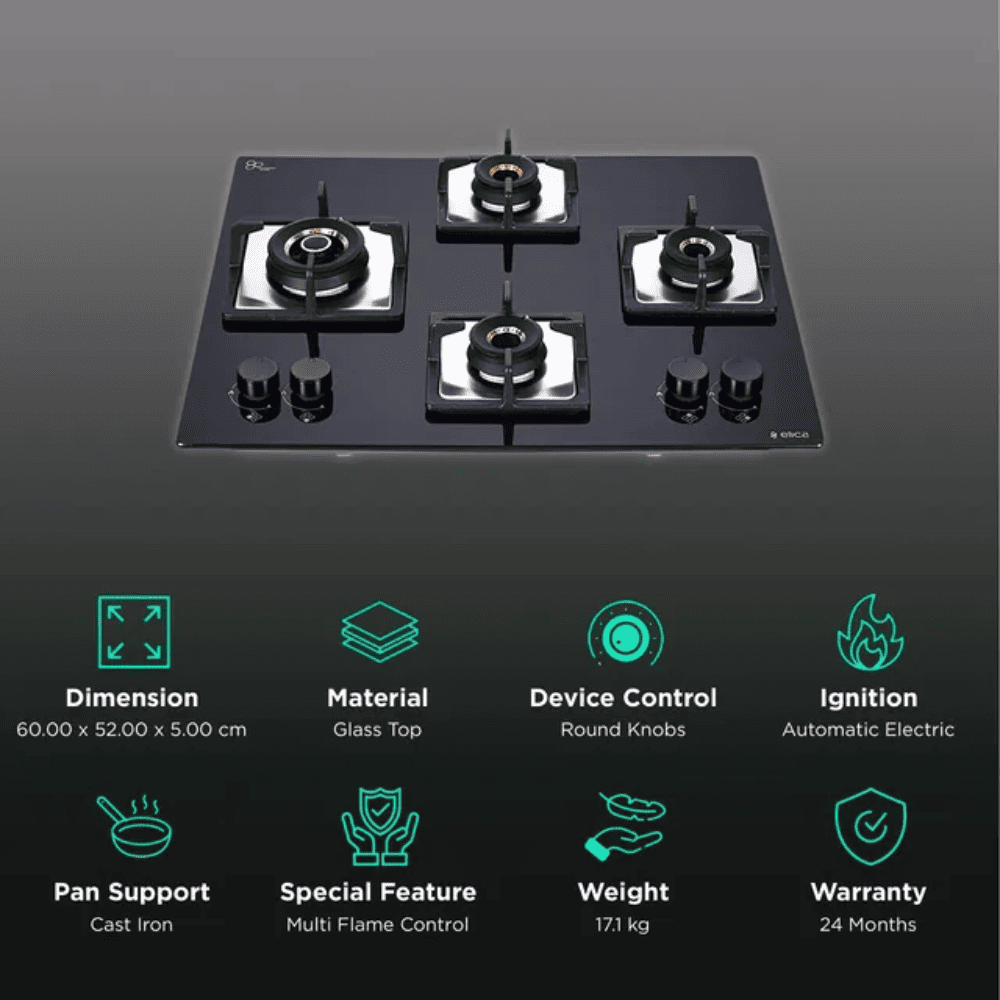 Elica Hob, FLEXI AB HCT460, 4 burner 60 cm Auto Ignition Glass Top Full Brass Burners 2 Medium + 1 Small + 1 High Gas Stove (Black)