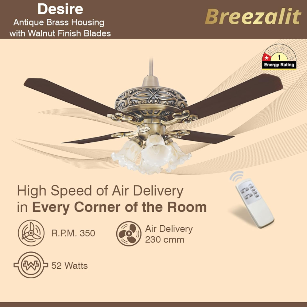 Breezalit 1200mm 4 Blade Decorative Modern Ceiling Fan (Desire Brass)