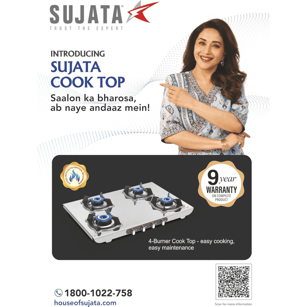 Sujata Cooktop Sterno, 4 Burner Manual Stainless Steel Glossy SS Body Gas Stove (Silver)