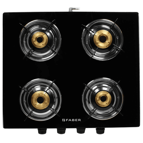 Faber Cooktop, POWER 4BB BK, 4 Burner 60 cm Manual Ignition Glass Top Brass Burners 1 Small + 2 Medium +1 Jumbo Gas Stove (Black)