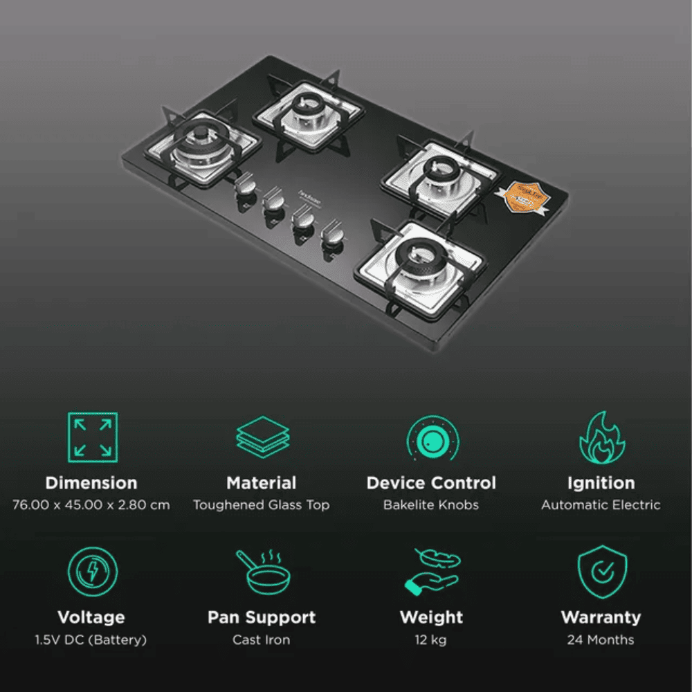 Hindware Hob , ROSIA PLUS 4B 65, 4 Burner 65 cm Auto Toughened Glass Stainless Steel Burners 2 Medium + 1 small +1 High (Black)