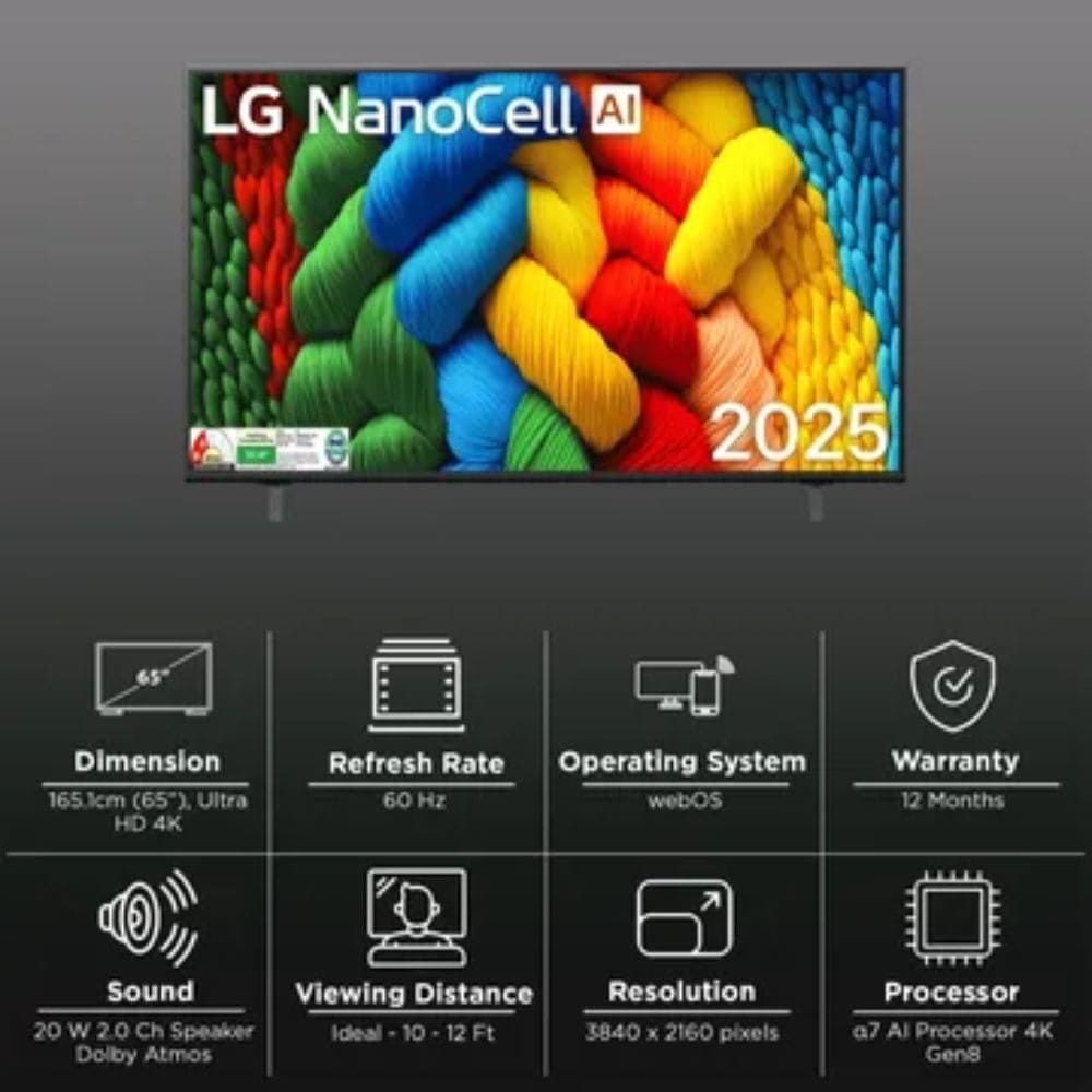 LG 65NANO83A6A, 65 Inches 4K Ultra HD Smart NanoCell TV, Black