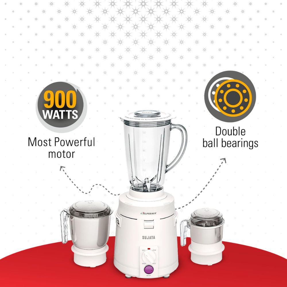 Sujata 900 Watts Stainless Steel, Mixer Grinder, 3 Versatile Jars ( MG SUPERMIX, Black)