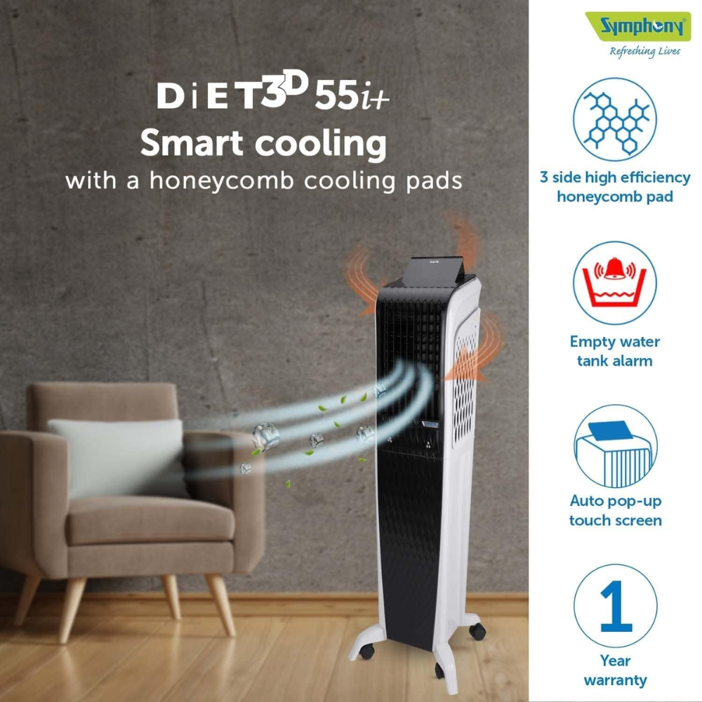 Symphony 55 L Diet 3D i+ Portable Tower Air Cooler (DIET3D55I)