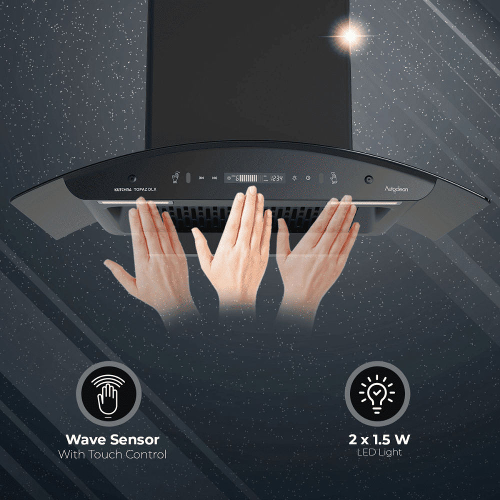 Sujata Topaz, 60 cm 1250 m3/hr Autoclean Kitchen Chimney with Filterless technology (Black)