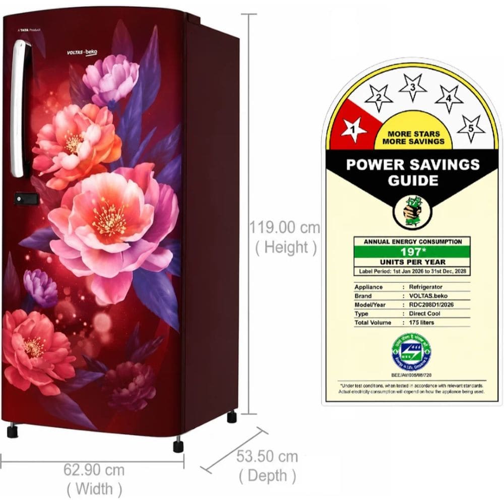 Voltas Beko 175 Ltrs, 2 Star Direct Cool Single Door Refrigerator (RDC208D1)