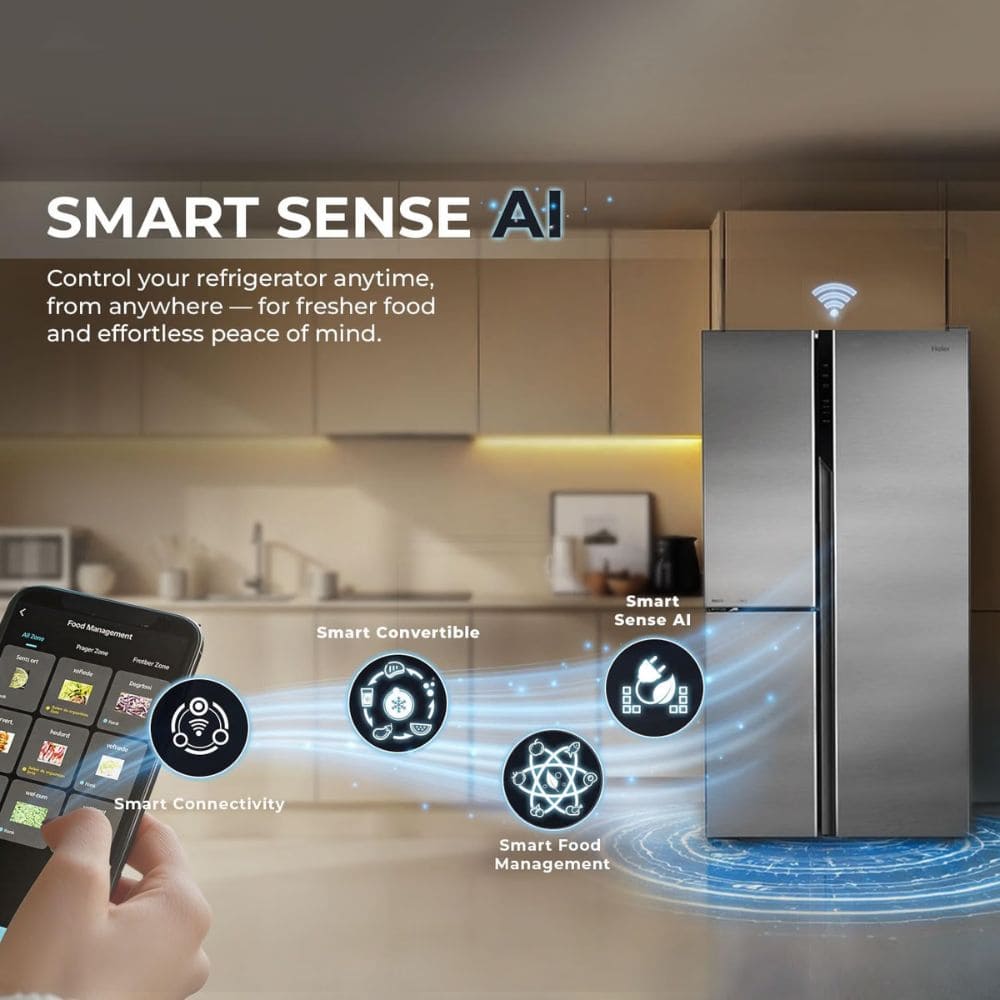 Haier 598 Ltrs, 3 Star Frost Free Expert Inverter Smart Sense AI enabled 3 Door Side by Side Refrigerator (HRT 683ISU1)