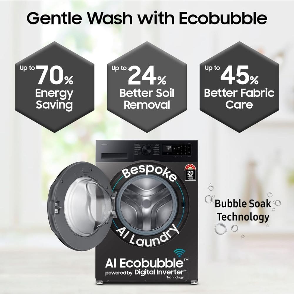 Samsung 9 Kg 5 Star Fully-Automatic Front Load Washing machine (WW90DG5U24AB,Black)