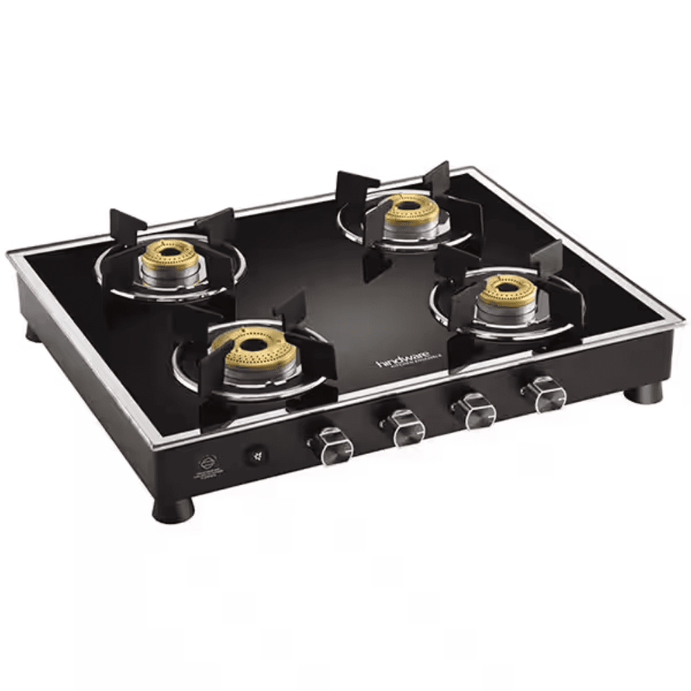 Hindware Cooktop, VEGO 4B BLK, 4 Burner Glass Top Forged Brass Burner 1 Big + 1 Medium + 2 small Gas Stove (Black)