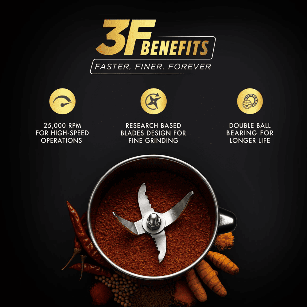 Sujata 1000 Watts motor with double ball-bearings 3 Jars Mixer Grinder (MG02, Black)