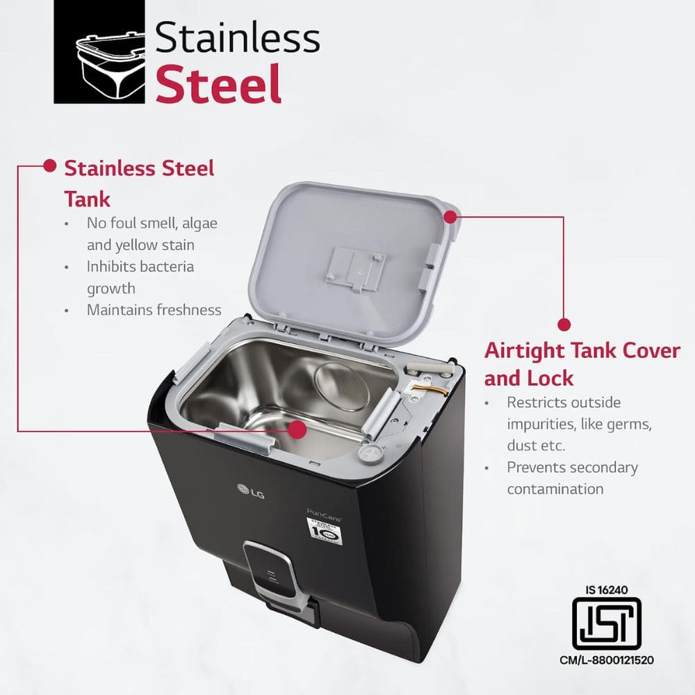 LG 8 Ltrs Storage, RO+Carbon Filter Stainless Steel Tank Water Purifier (WW131NF,Black)