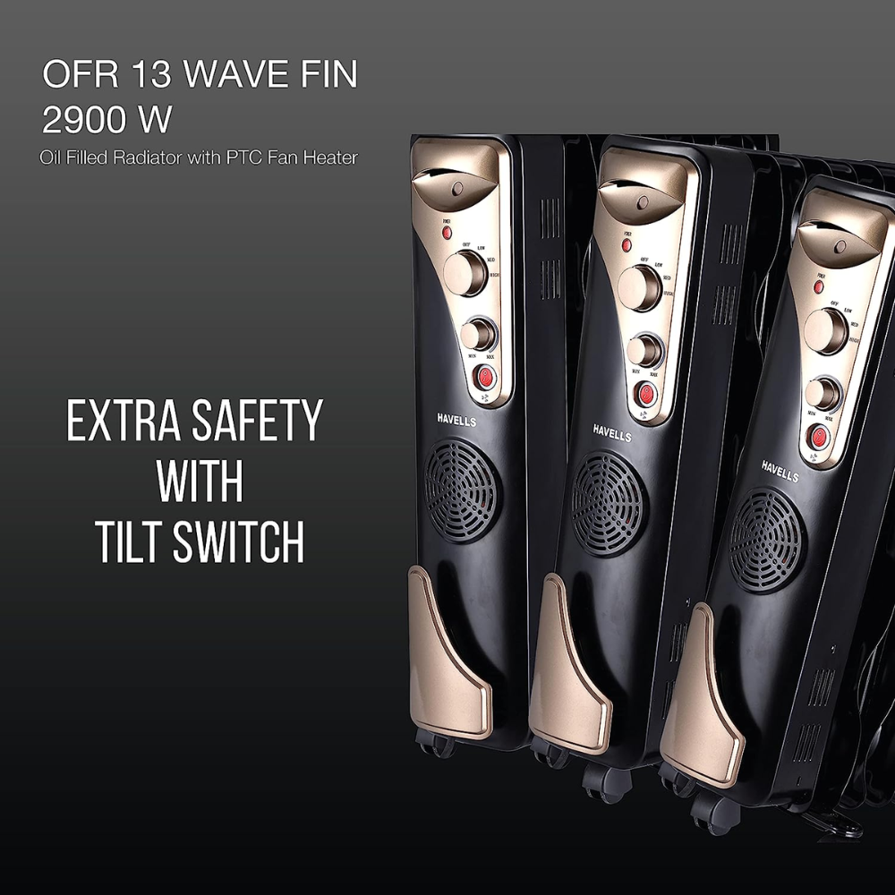 Havells 13 Wave Fins, 2900 Watts Oil Filled Radiators Room Heater with PTC Fan (OFR 13F, Black)