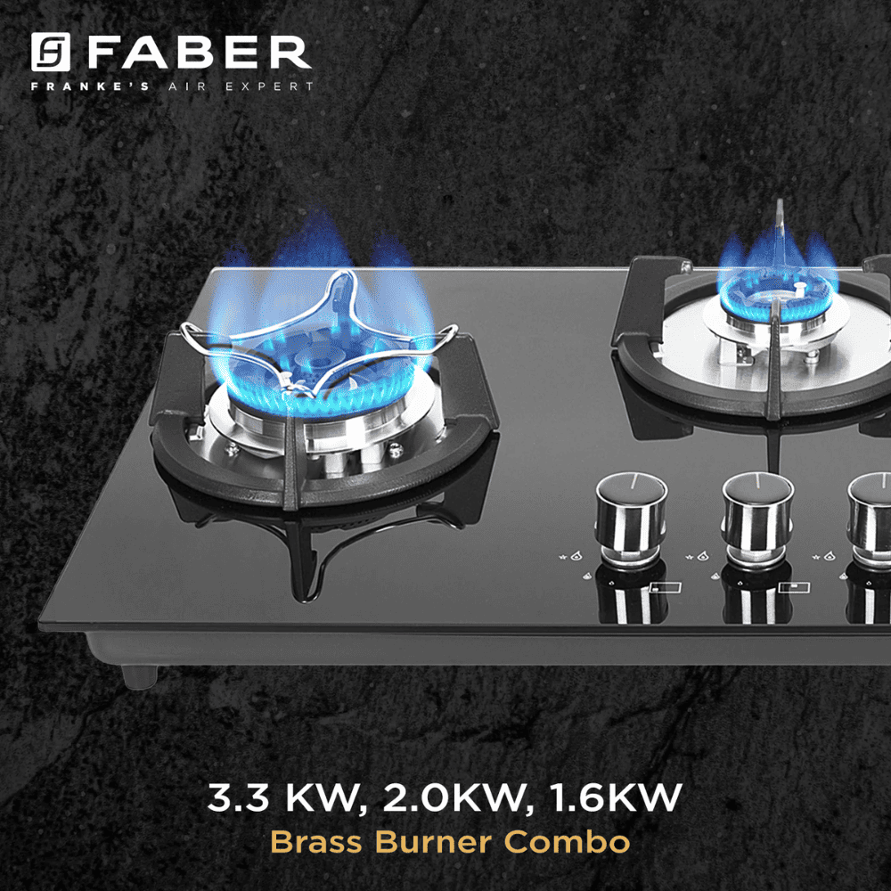 Faber Hob SUPERIA HT763 BR AI, 3 Burner 60 cm Auto Toughened Glass Top Full Brass Burners 1 Medium + 1 small +1 High with Dual Flame (Black)