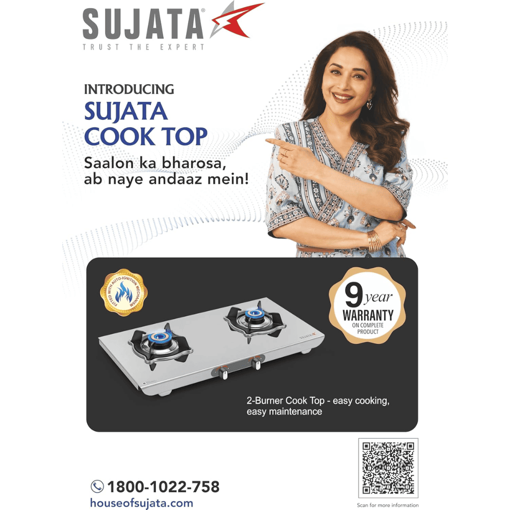 Sujata Cooktop Sterno AI, 2 Burner Auto Ignition Stainless Steel Glossy SS Body Gas Stove (Silver)