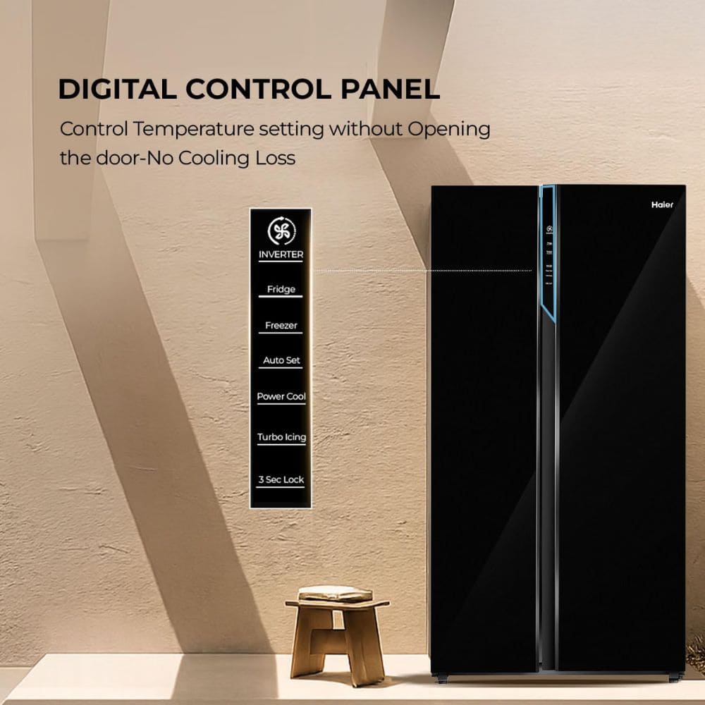Haier 602 Ltrs, 3 Star Expert Inverter Frost Free 2 Door Side by Side Refrigerator (HRS 682KGU1, Black Glass)