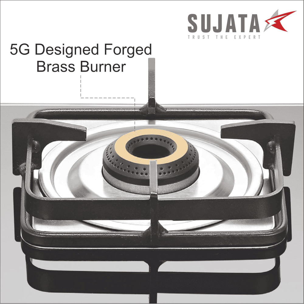 Sujata Cooktop Classic AI, 2 Burner Glass Top Auto Ignition Brass Burner Gas Stove (Black)