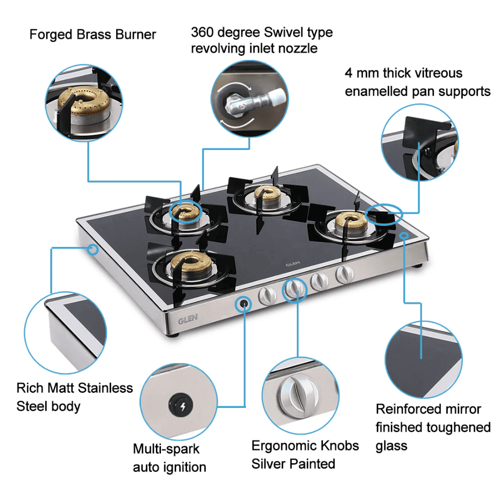 Glen Cooktop, 1048 GT AI FORGED BB MIRROR, 4 Burner Auto Ignition Glass Top Forged Brass Burner 1 Big + 1 Medium + 2 small Gas Stove (Black)