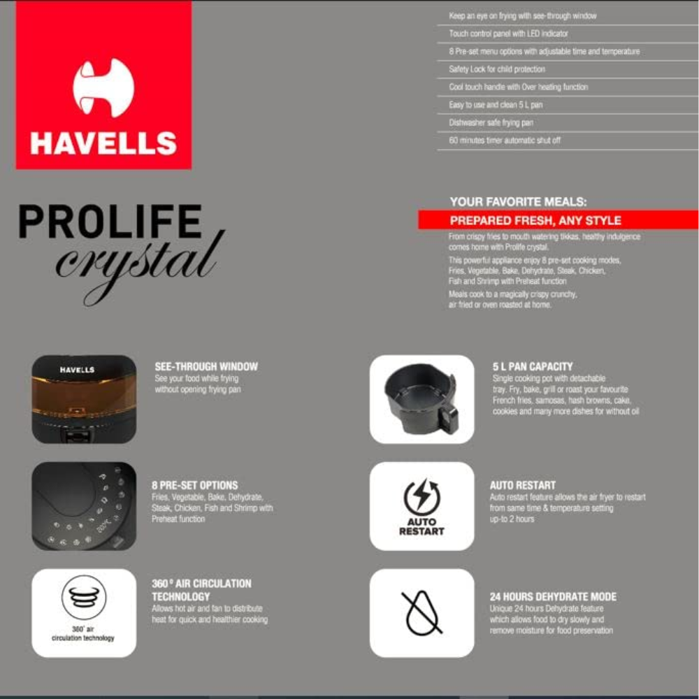 Havells Prolife Crystal, 1500 Watts 5 Litres Touch Screen Electric Air Fryer, Auto Restart Digital Display with Dehydrator Mode 85% Less Oil (Black)