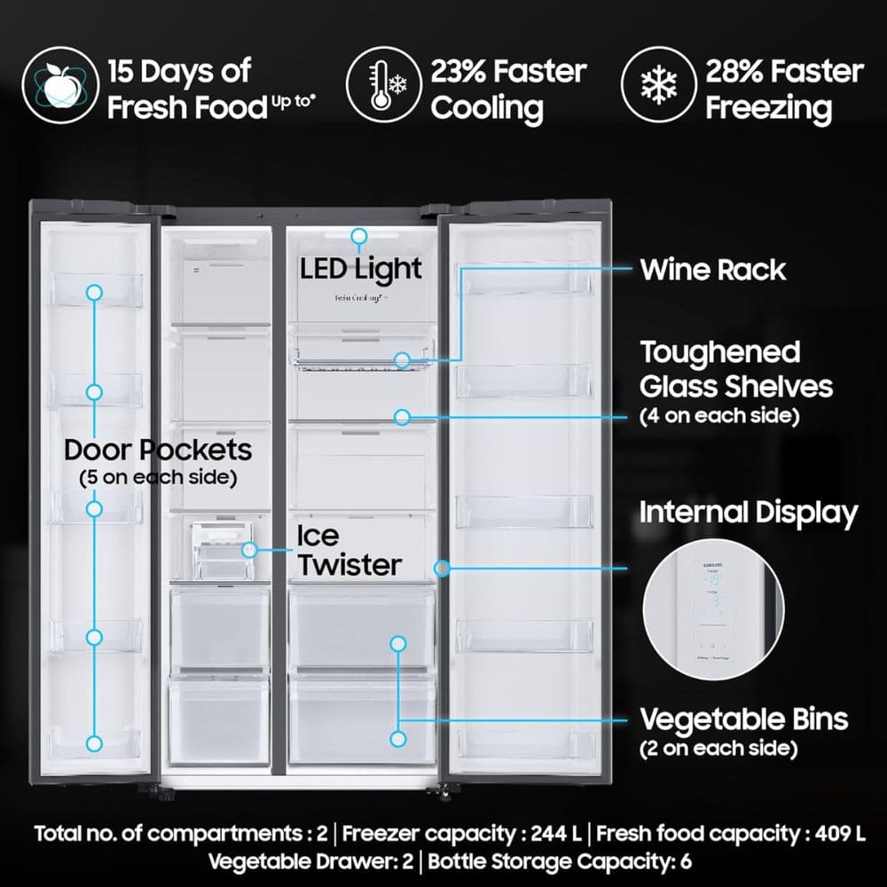 Samsung 653 Ltrs 3 Star, Inverter Frost Free, Side-by-Side Refrigerator (RS76CB81A341)