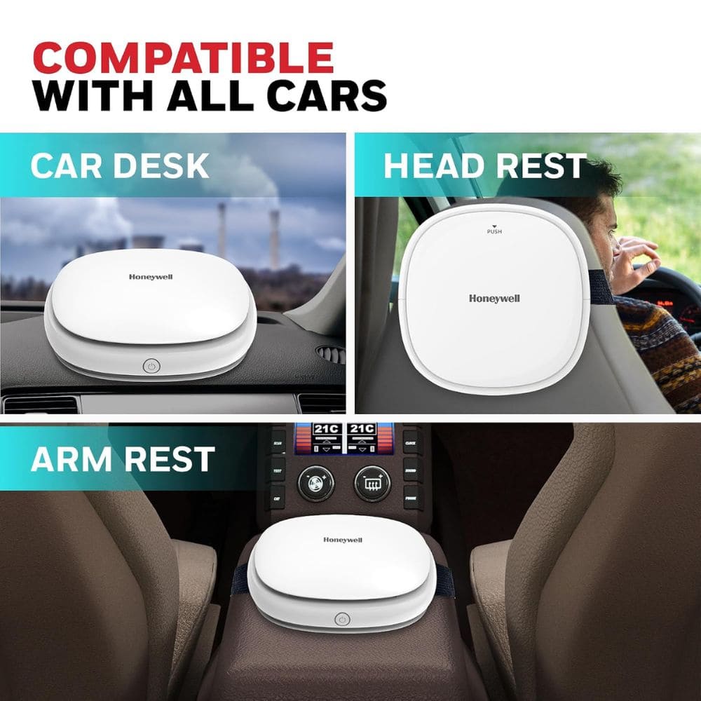 Honeywell Move Pure 3, 2 stage filtration process with HEPA Filter Car Air Purifier (57sqft, White)