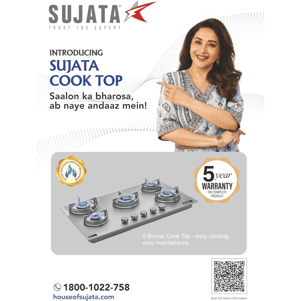 Sujata Hob, 5 Burner 90 cm Auto Ignition Glass Top Brass Burner 1 Larg + 1 Medium + 2 small (Palladium FB 5B86, Black)