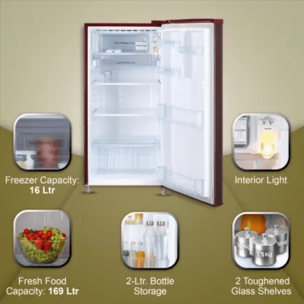 LG 185 Ltrs 2 Star Inverter Direct Cool Single Door Refrigerator (GL-B199OSED, Red Wine)