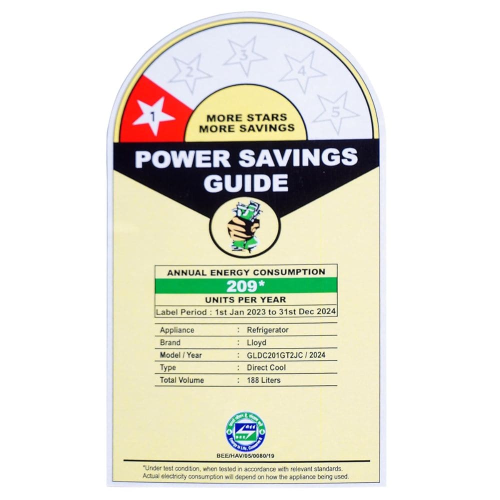 Lloyd 188 Ltrs 1 Star, Inverter Direct Cool, Single Door Refrigerator (GLDC201GIBT2JC)