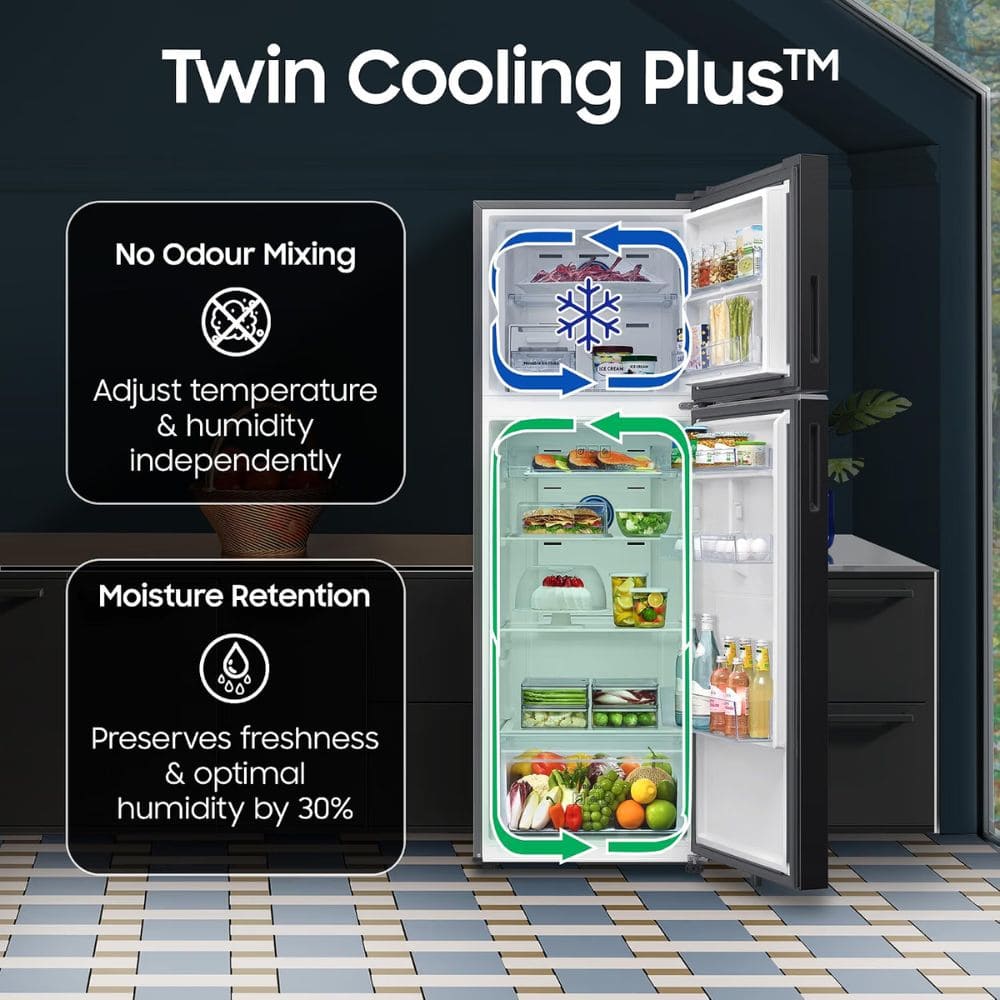 Samsung 419 Ltrs, 3 Star 5 in 1 Convertible Frost Free Double Door Refrigerator (RT45HG6A43BXHL, Luxe Black)