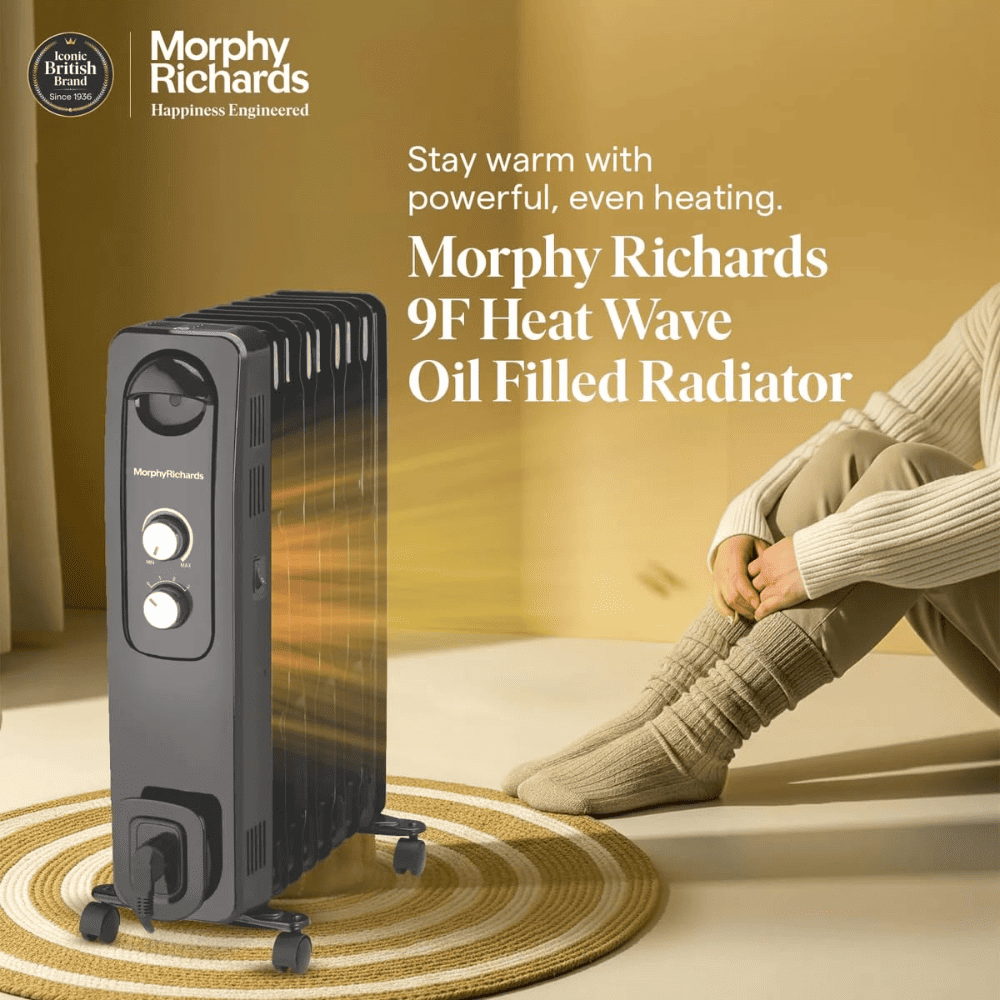 Morphy Richards 9 Wave Fins 2400 Watts Oil Filled Radiator Room Heater with PTC Fan (9F OFR Silent Heating Black)