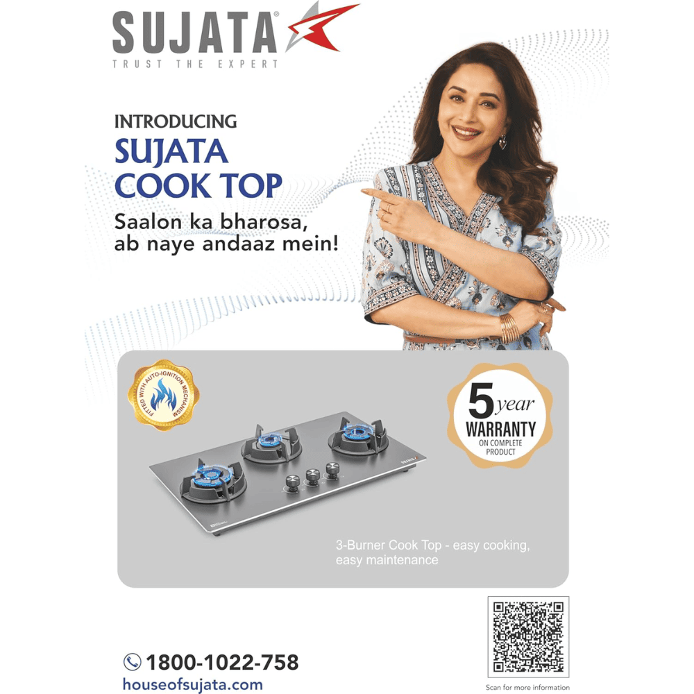 Sujata Hob, 4 Burner 78 cm Auto Ignition Stainless Steel Burner 1 Larg + 1 Medium + 1 small (Indium 3B78, Black)
