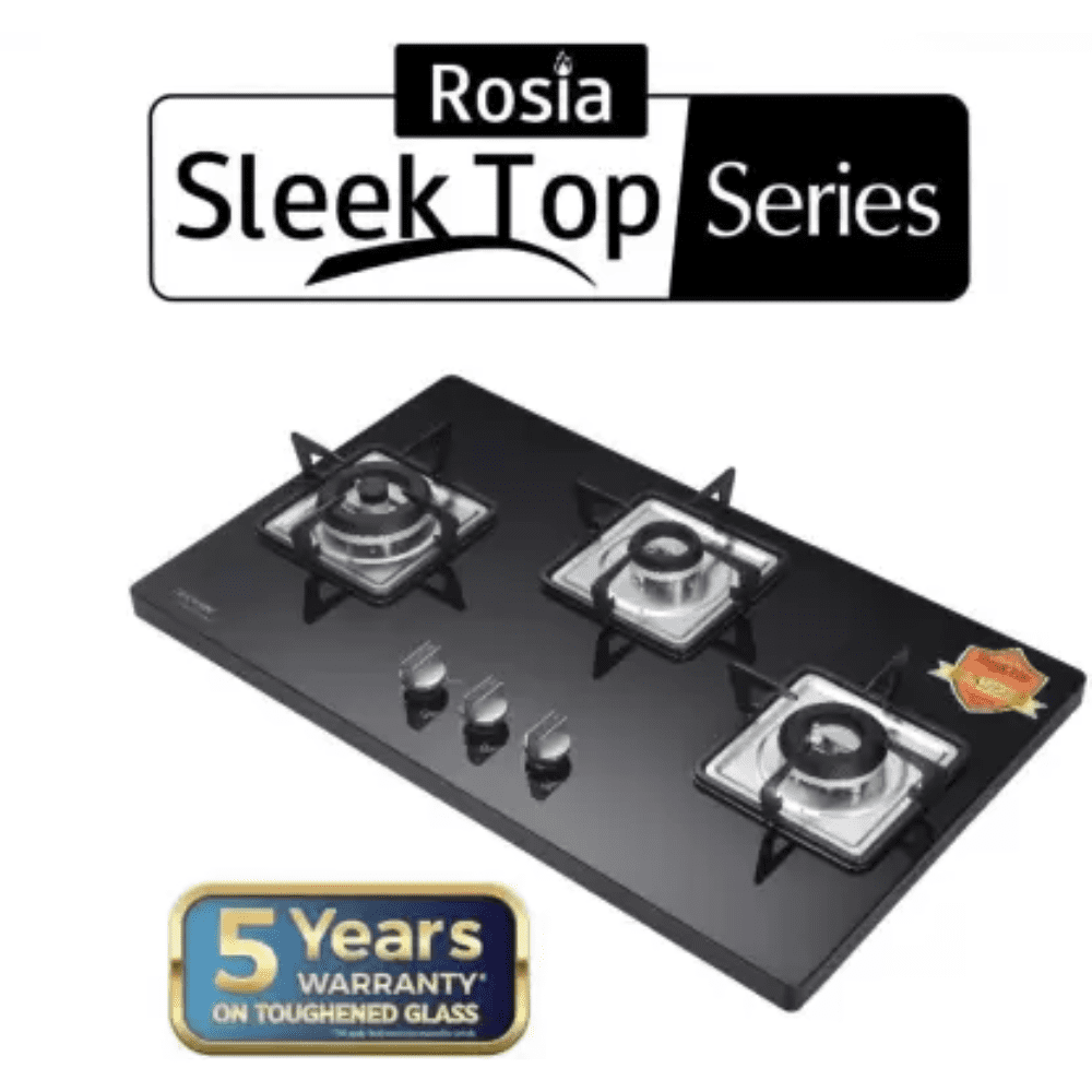 Hindware Hob, ROSIA 3B 76 CM, 3 Burner 76 cm Auto Ignition Glass Top Full Brass Burners 2 Medium + 1 small Gas Stove (Black)