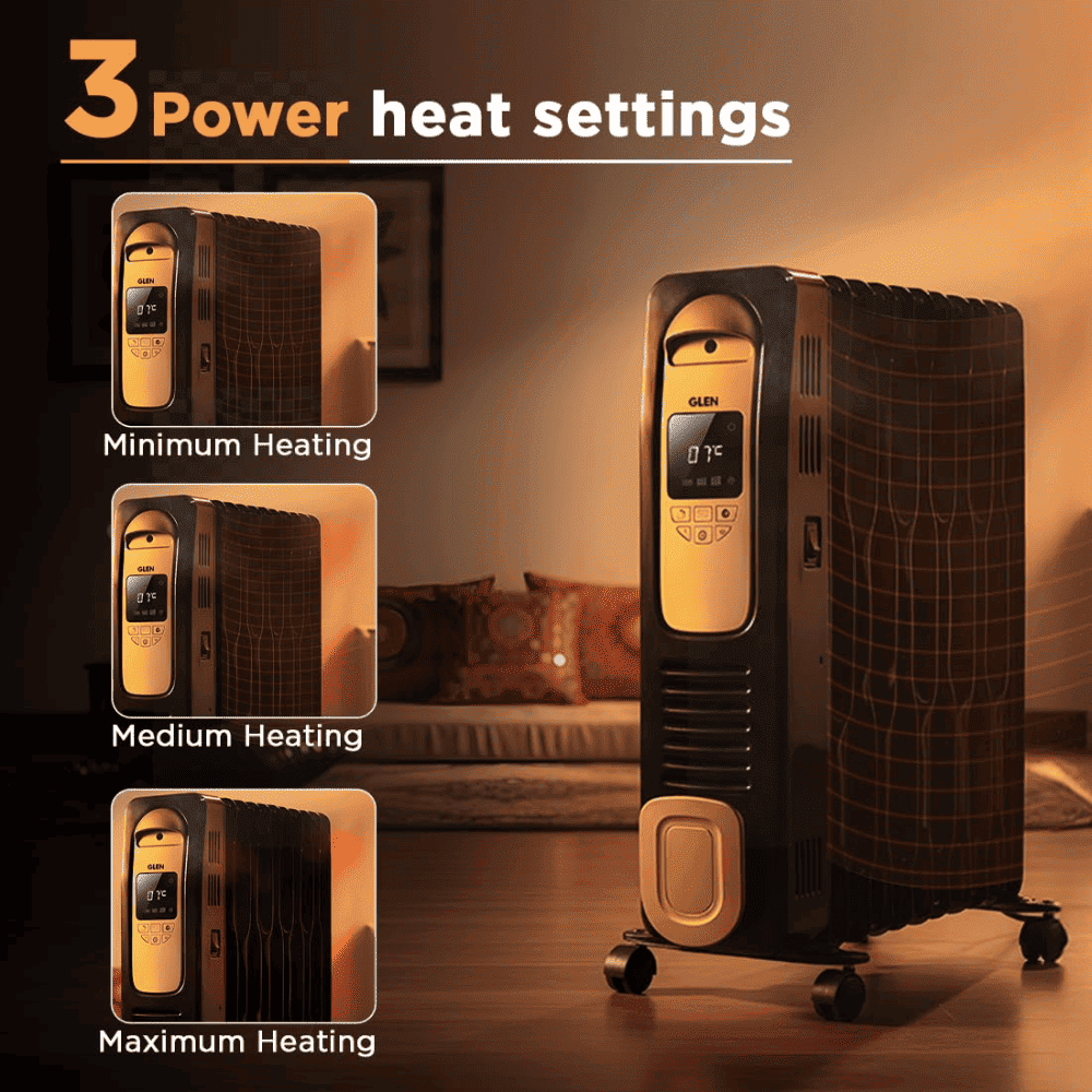 Glen 9 Straight Fins 2400 Watts Electric Oil Filled Digital Room Heater with PTC Fan (Black)