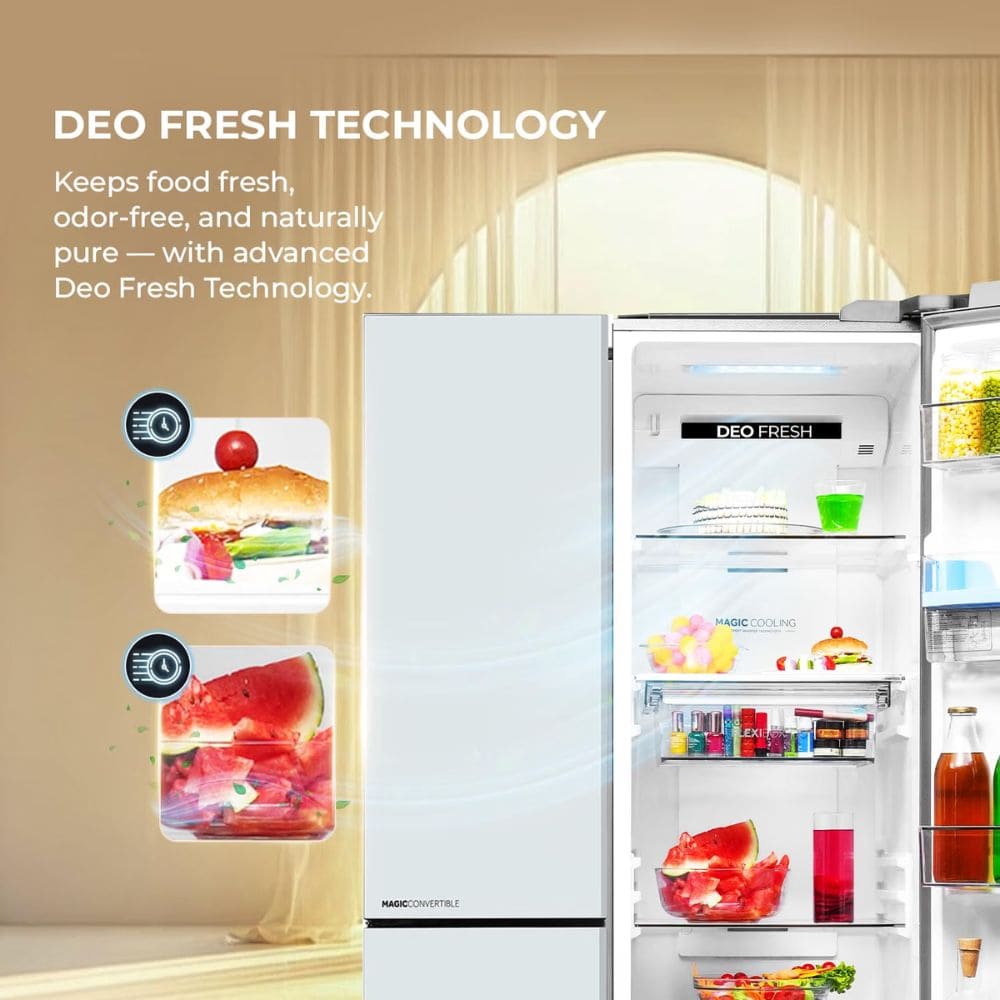 Haier 598 Ltrs, 3 Star Frost Free Expert Inverter Smart Sense AI enabled 3 Door Side by Side Refrigerator (HRT 683PWGU1, Pearl White Glass, Magic Convertible Zone, Premium Vogue Glass)