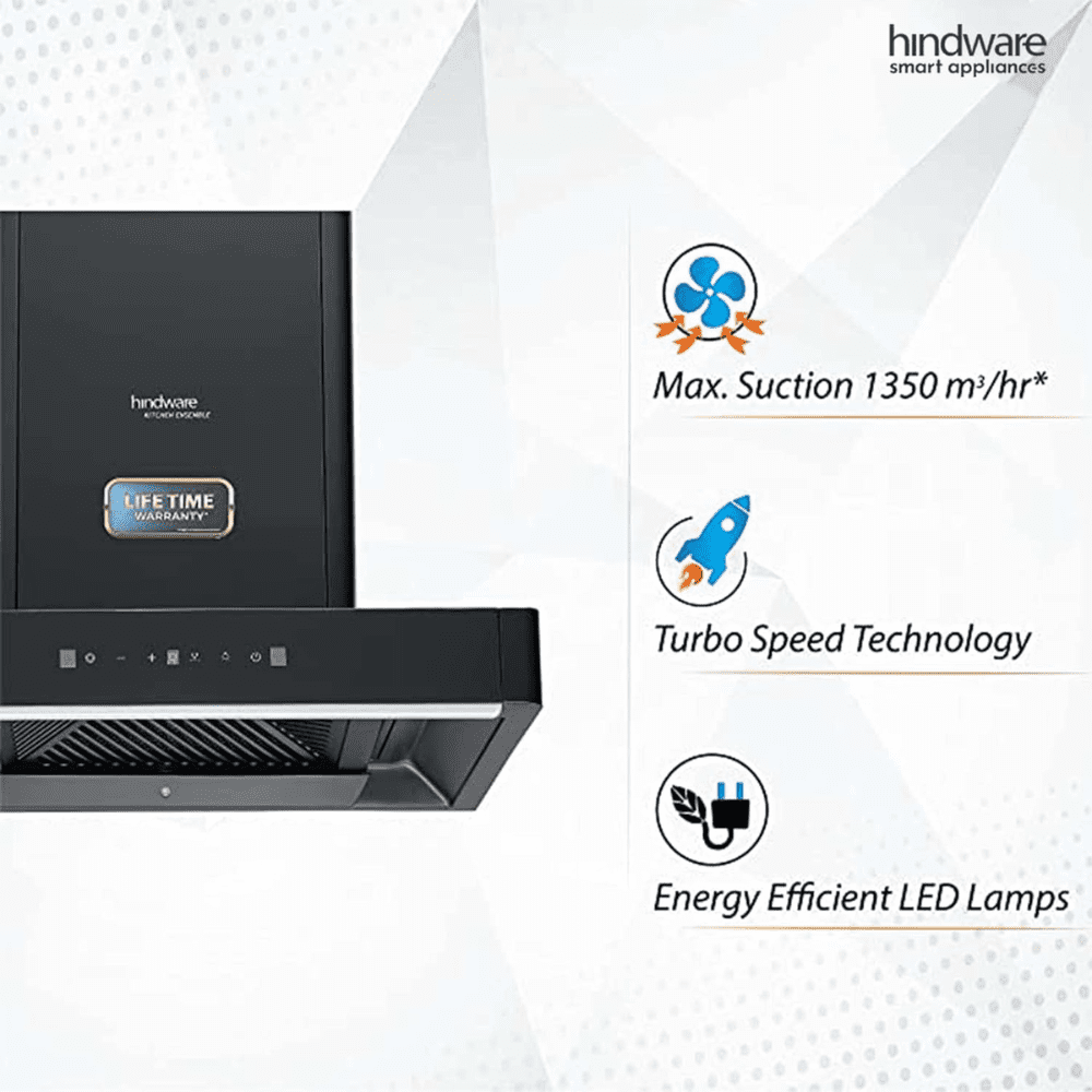 Hindware OPTIMUS BLK, 60 cm 1400 m3/hr Auto-Clean Filterless Wall Mounted Kitchen Chimney (Black)